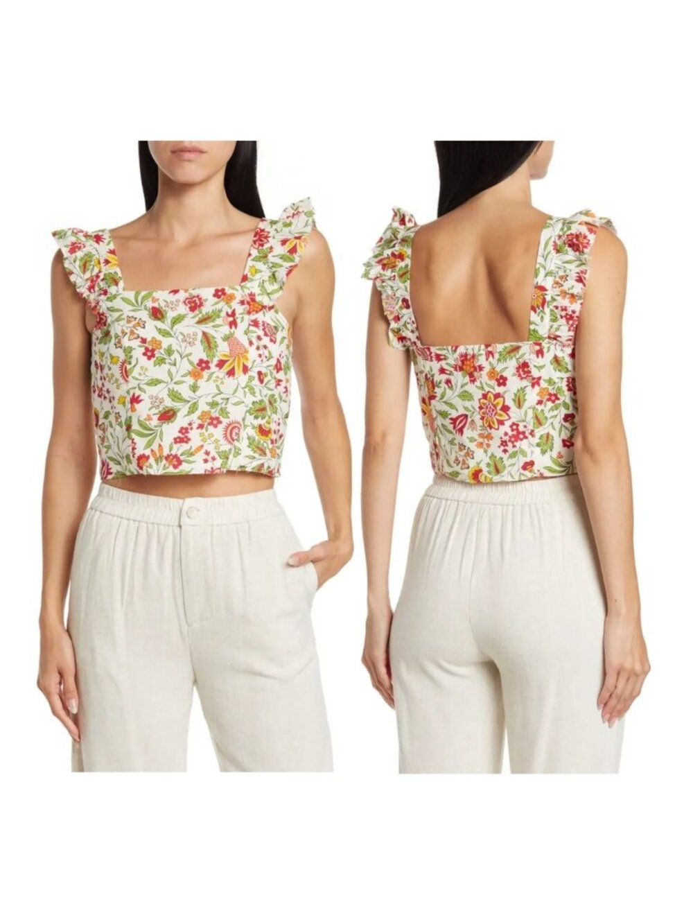 ⭐RACHEL ZOE Medium Floral Birds Cotton Ruffle Strap Crop Top Tropical Blouse New